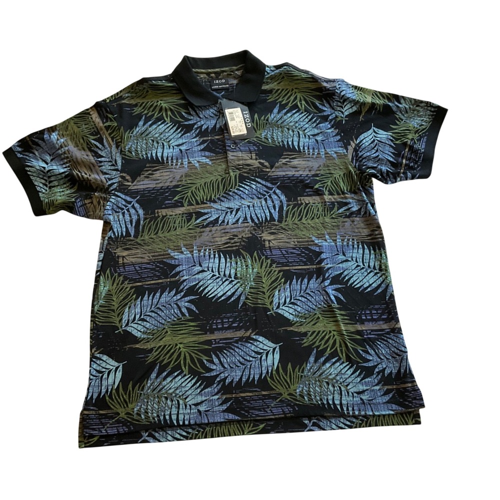 IZOD Golf Polo Shirt Mens Large Black Tropical Palm Leaf Cotton Vacation